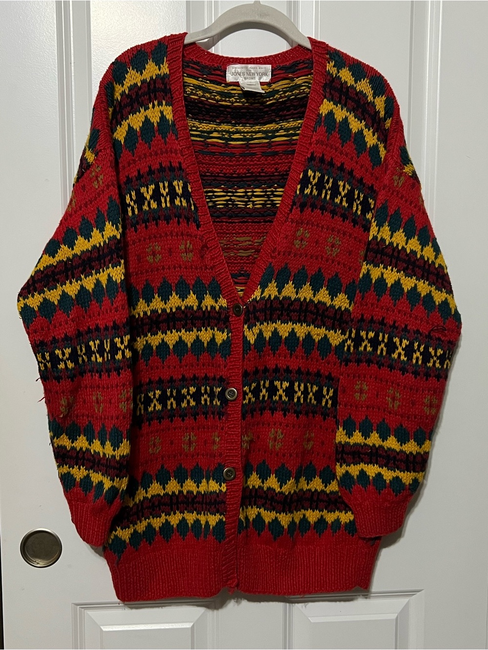 Hand Knit Vintage Holiday Jones New York Cardigan Sweater Red Patterned - Size L